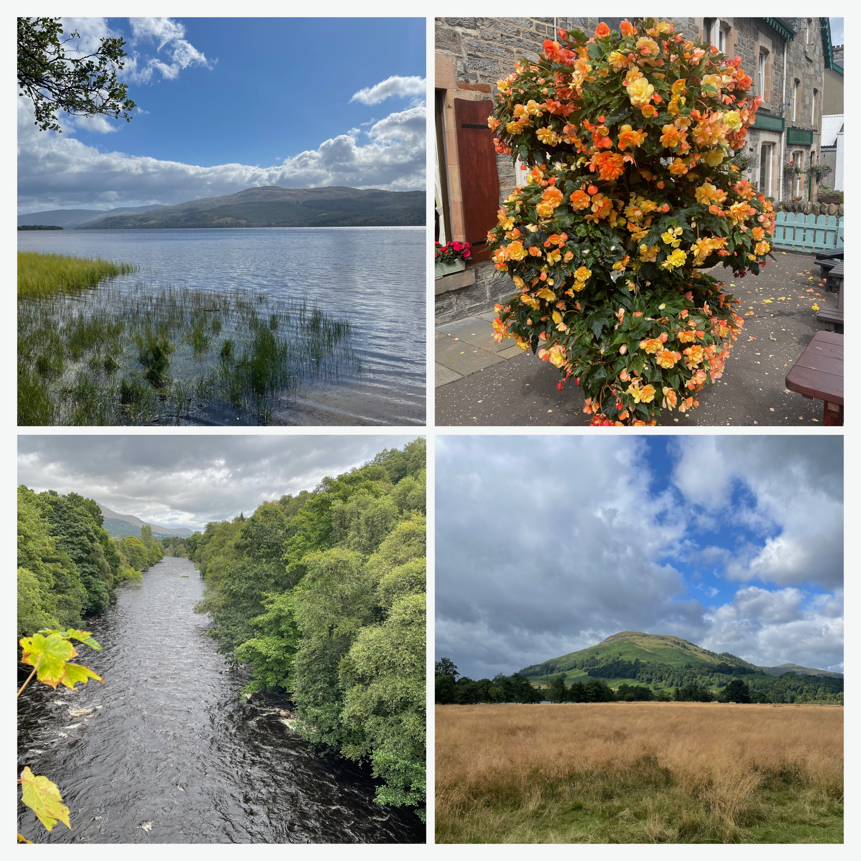 Collage of images of Loch Tay, a tower of orange and yellow begonias in a planter, view of the River Dochart from Dochart Viaduct, view of Sron A’ Chlachain from Loch Tay